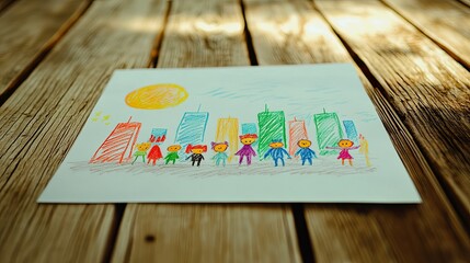 Charming Child's Artwork Depicts a Team of Superheroes Saving the City Under a Shining Moon, Drawn on White Paper on a Wooden Table
