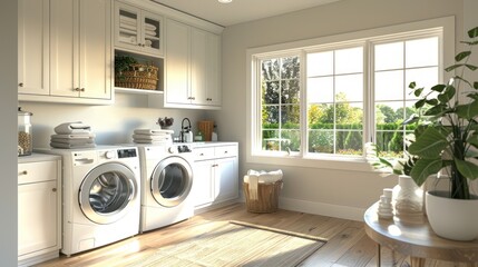 Minimalist laundry room with front-loading washer and dryer, folding table, built-in cabinets.