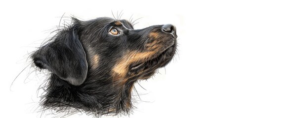A close-up portrait of a curious black dog, showcasing its expressive eyes and unique fur texture in a soft, artistic style.