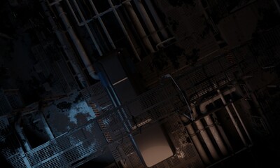 Top view hallway in military base with pipelines underfloor 3d rendering architected sci-fi wallpaper background