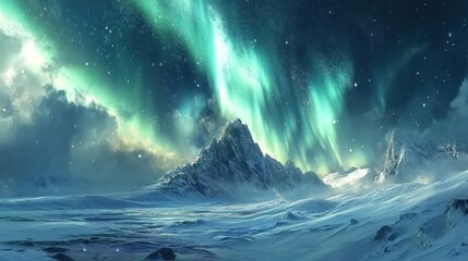 Fototapeta premium Aurora Borealis Illuminates a Snowy Mountain Landscape