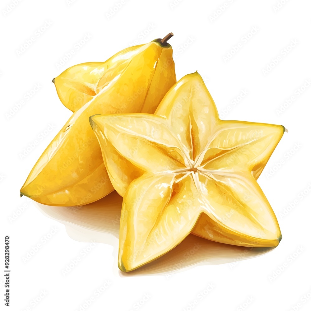 Poster and vibrant starfruit slice displayed on a pristine white background showcasing the distinct star sh