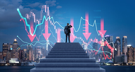 Businessman standing on stairs with financial crisis chart and N