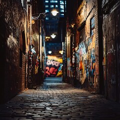 Fototapeta premium A dimly lit passageway paved with cobblestones, bordered by weathered brick walls splashed with colorful street art.