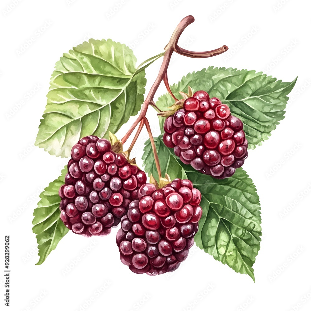 Poster photographic rendering of a deep red mulberry fruit cluster against a clear white background with a 