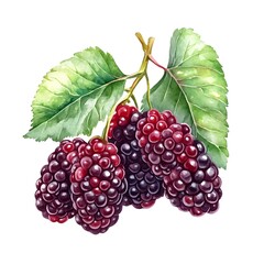 photo of a deep red mulberry cluster against a clear white background rendered in a beautiful watercolor painting style