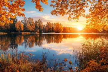 Obraz premium A peaceful autumn scene features brilliant orange and red leaves drifting onto a calm lake that mirrors their vivid hues.