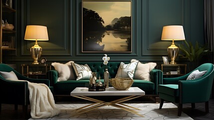 Stylish living room featuring sophisticated emerald green and beige
