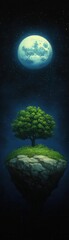 Obraz premium A serene floating island with a lush tree under a glowing moon, creating a tranquil and dreamy atmosphere.
