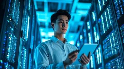 a asia man Engineer holding an iPad, surrounded by servers, blue lights