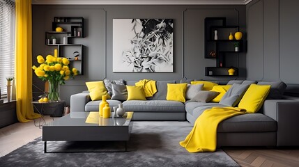 Stylish living room in a contemporary gray and yellow theme