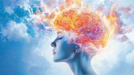 Obraz premium A woman's face is shown with a brain on top of it. The brain is orange and yellow, and it is on fire