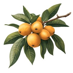 Watercolor painting of a loquat fruit cluster with green leaves on a clean white background  The loquat fruits are shown in a natural organic arrangement with delicate brushstrokes and a soft