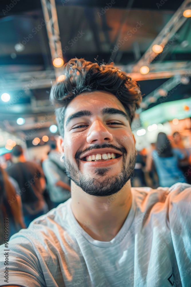 Wall mural A close-up selfie of a young man smiling brightly. He has a beard and curly hair and is wearing a white t-shirt.