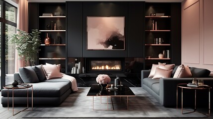 Stylish living room in modern black and rose gold