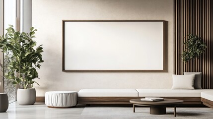 Obraz premium A living room with a white wall and a large white framed picture