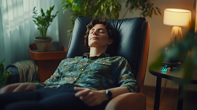 A therapist supports a patient reclining in a comfortable chair, creating a serene atmosphere for relaxation and hypnosis in a nurturing environment