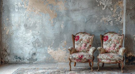 Two vintage floral armchairs sit against a weathered wall, creating a nostalgic and cozy atmosphere in the room, with a touch of rustic charm.