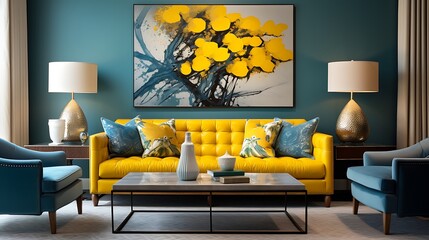 Stylish living room showcasing trendy teal and mustard yellow elements