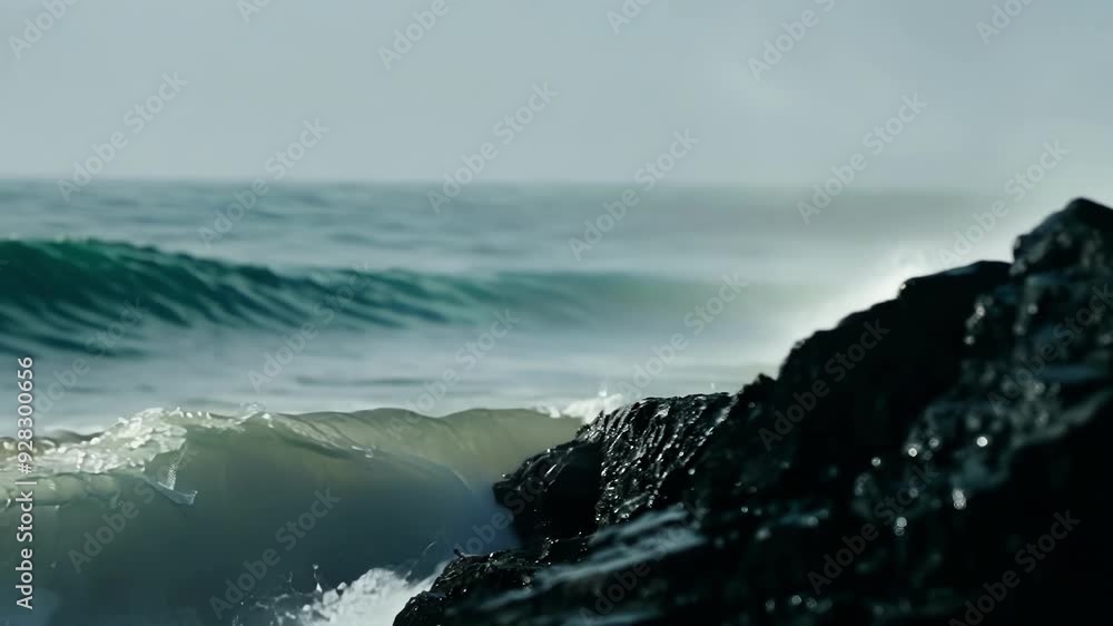 Poster dark moody ocean waves crashing and breaking on the rocks of a beach, creating a sense of power and 