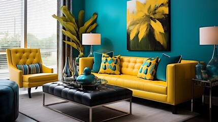 Stylish living room showcasing trendy teal and mustard yellow elements