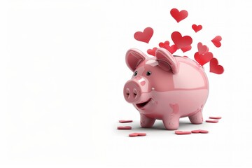 An adorable pink piggy bank with a delighted expression, releasing multiple red hearts, placed on a smooth white background representing love and happiness.