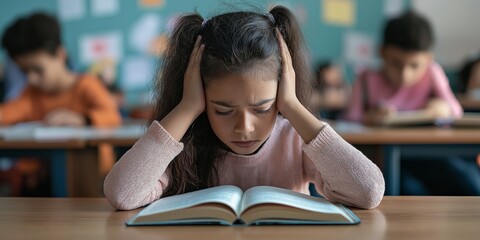 A girl is sitting at a desk with her head down and a book in front of her. She is upset or frustrated