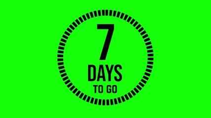 7 days to go, 31 days count 2D animation, motion graphics running numbers counting days, 7 days in a month, seven days left, 4K HD video green screen background with black text, chroma key.