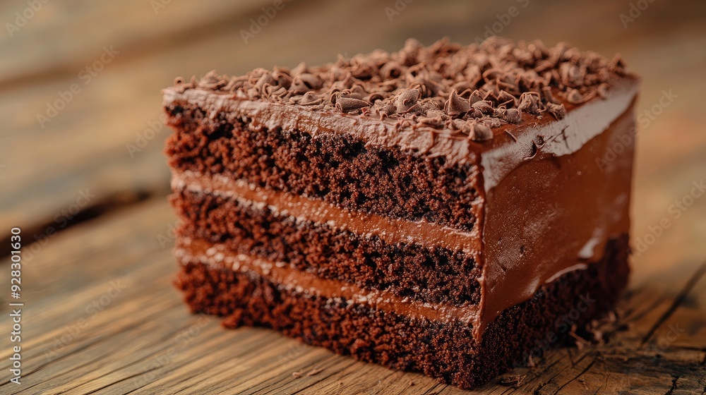 Poster a close-up of a rich chocolate cake on a rustic wooden table in zrenjanin, serbia. the cake's textur