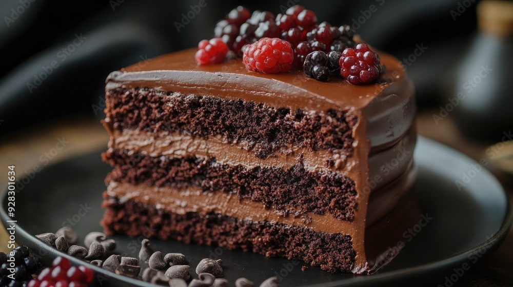 Canvas Prints A close-up image of a luxurious chocolate cake on a rustic table in Zrenjanin, Serbia, highlighting the cake's rich texture and mouthwatering appearance.