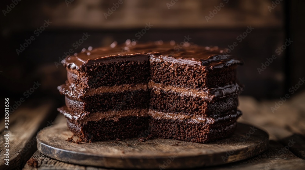 Poster A close-up of a rich chocolate cake on a rustic wooden table in Zrenjanin, Serbia. The cake's texture and layers are highlighted, creating a tempting visual.