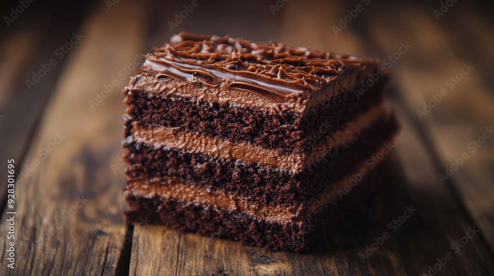 Poster a close-up of a rich chocolate cake on a rustic wooden table in zrenjanin, serbia. the cake's textur