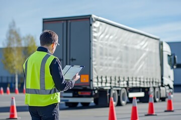 A man in a protective vest with a notebook checks a truck with a trailer reversing