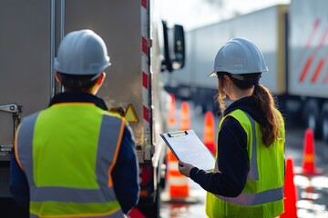 Obraz premium A man in a protective vest with a notebook checks a truck with a trailer reversing