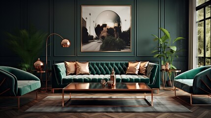 Stylish living room with chic copper and emerald green decor