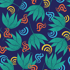 Tropical leaves and colorful shapes seamless pattern design