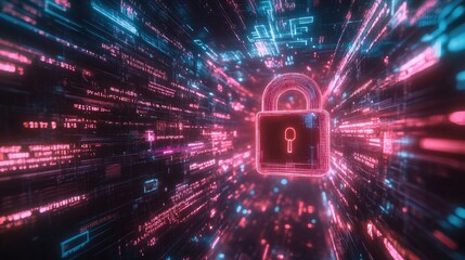 A glowing padlock in a futuristic digital tunnel of pink and blue light.