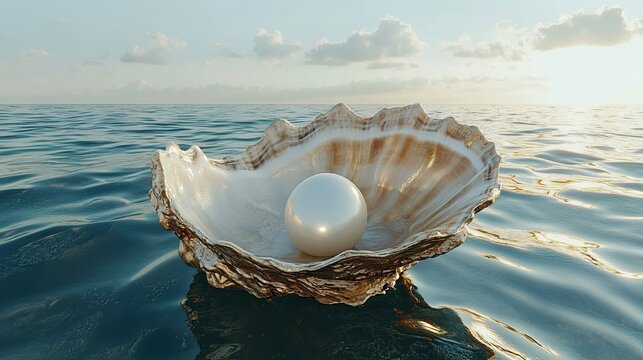 A pristine 3D model of a closed oyster shell holding a white pearl, surrounded by a conch and scallop, isolated in the vast open sea, showcasing marine elegance.