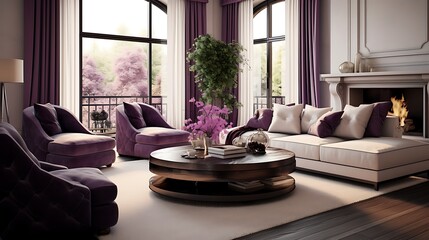 Stylish living room with a luxurious plum and ivory color palette