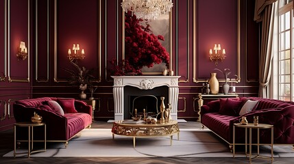 Stylish living room with luxurious burgundy and gold decor