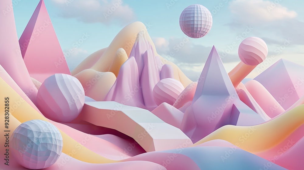 Poster a surreal abstract scene featuring original geometric shapes in pastel colors, set in a 3d landscape