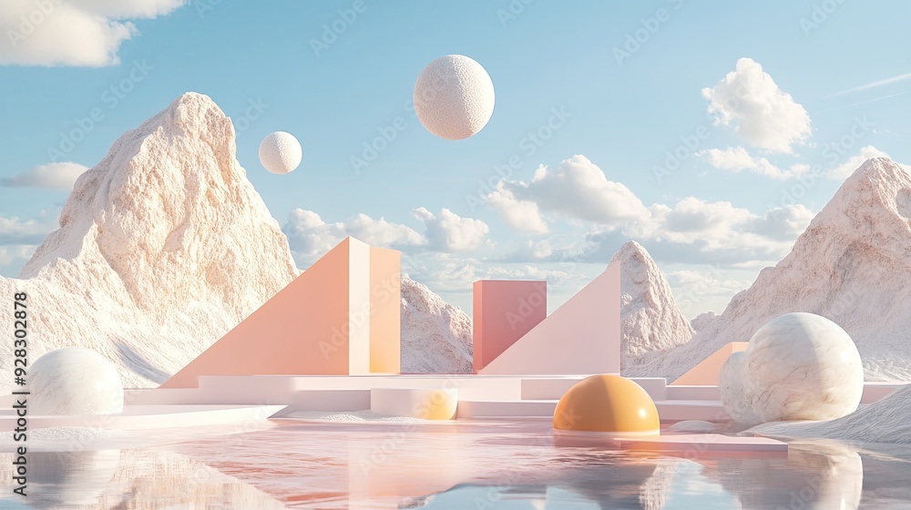 Poster a surreal abstract scene featuring original geometric shapes in pastel colors, set in a 3d landscape