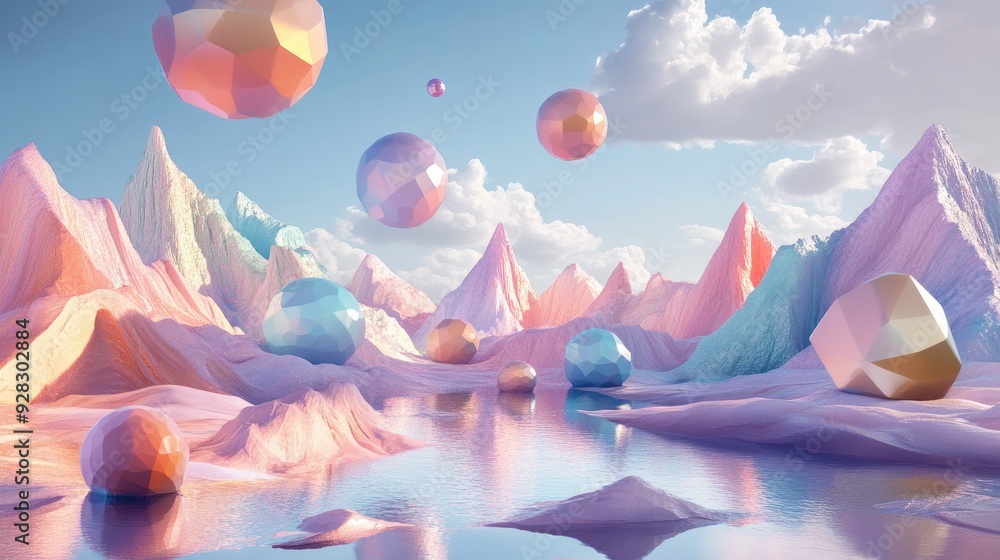 Poster a surreal abstract scene featuring original geometric shapes in pastel colors, set in a 3d landscape