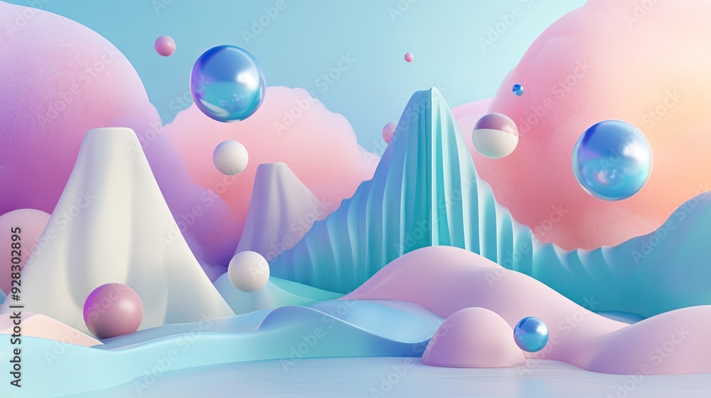 Poster a surreal abstract scene featuring original geometric shapes in pastel colors, set in a 3d landscape