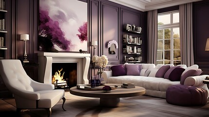 Stylish living room with a luxurious plum and ivory color palette