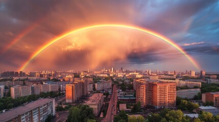 A vibrant rainbow arcs over the urban landscape of Novosibirsk, Russia, with buildings set against a moody sky, highlighting the natural beauty in a cityscape.