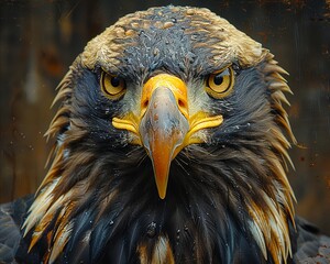 A close up of a bald eagle's head with water droplets on it's face