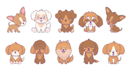 Cute dogs of different breeds collection. Funny pet of chihuachua, mongrel, spitz, poodle, pinscher, Shih Tzu. Isolated cartoon kawaii animal. Vector illustration. Kids collection