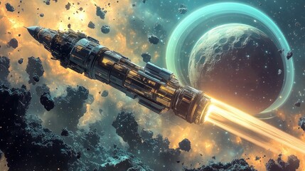 Naklejka premium A futuristic spaceship streaks through a field of asteroids towards a distant planet with a green ring.
