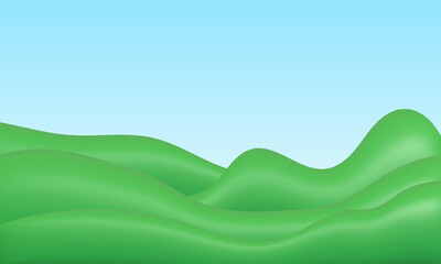 Obraz premium 3d plastic green hills landscape template. Summer field minimal nature composition with blue sky